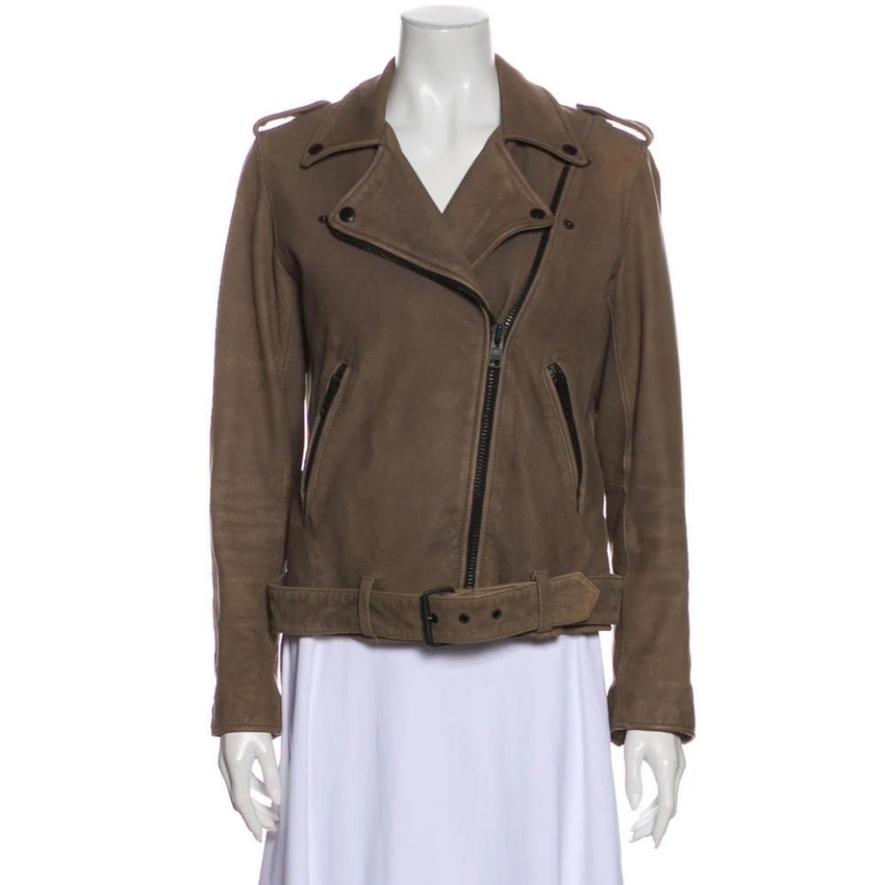 Current/Elliott goat genuine leather biker brown taupe motorcycle jacket - Picture 1 of 5